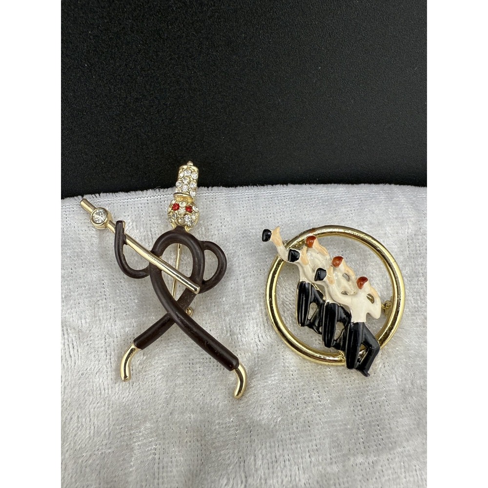 Vintage Figural Brooch Lot ‎ Music Man Dancing Gold Tone Rhinestone Enamel
